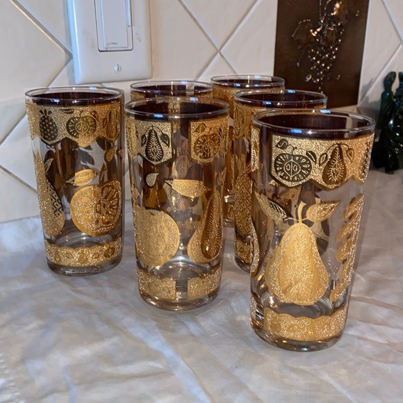 RARE mint Like new vintage Culver Fruit medley 22k Gold inlay Glasses set of 6